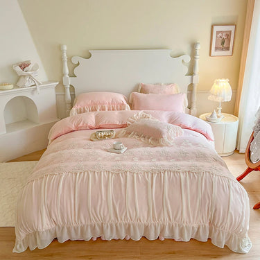 Elegant Pink Princess Embroidered Lace Cotton Duvet Cover Set